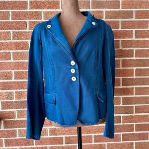 High Use Women's Blue Cotton Linen Notch Lapel Blazer Jacket, Size US 8